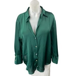 Zara Women's Green Silky Satin Collar Long Sleeve Button Down Blouse Shirt Top L